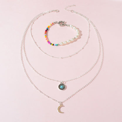 Stylish Silver Multi-Layer Necklace Colourful Beads Bracelet Set Vintage Jewelry-1