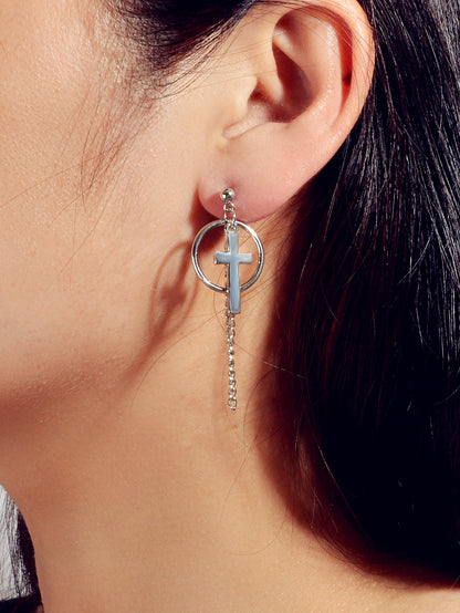 Hip Hop Punk Goth Style Silver Circle Chain Cross Dangle Earrings Female Jewelry-0