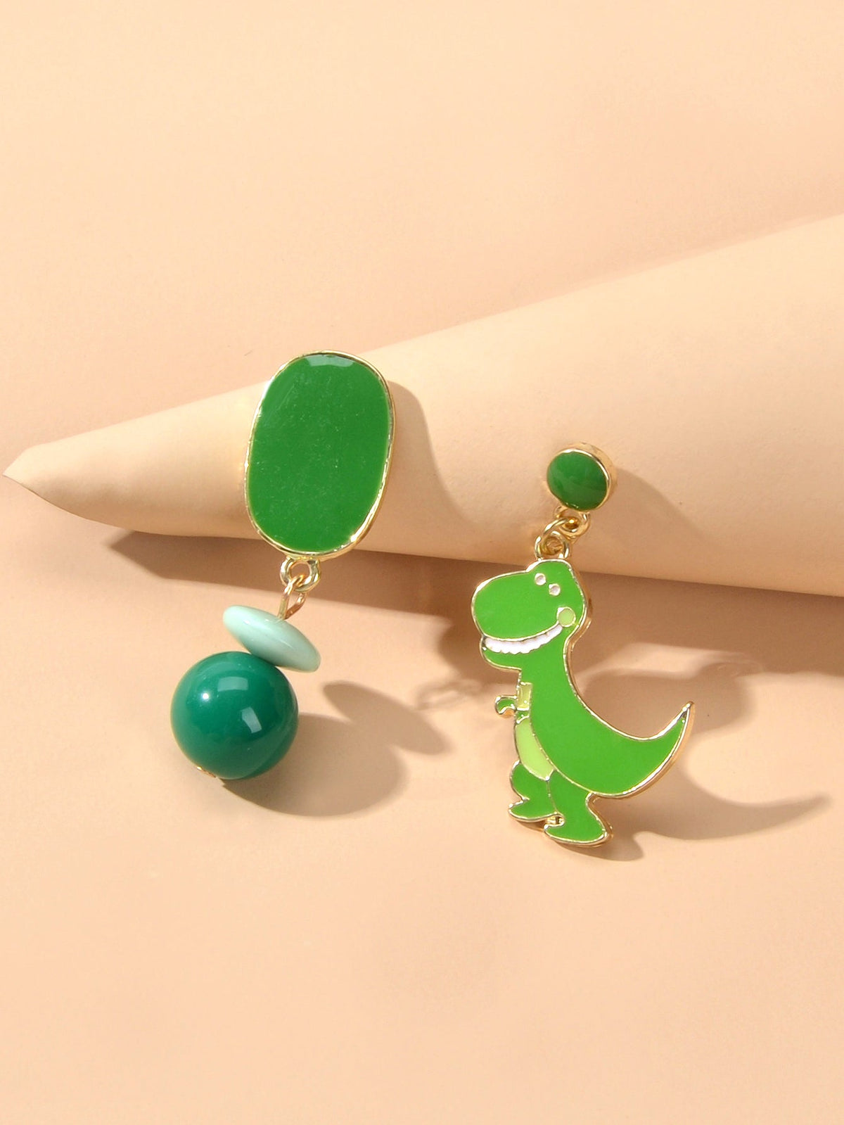 Asymmetrical Cartoon Design Green Beads Enamel Dinosaur Dangle Animal Earrings-0