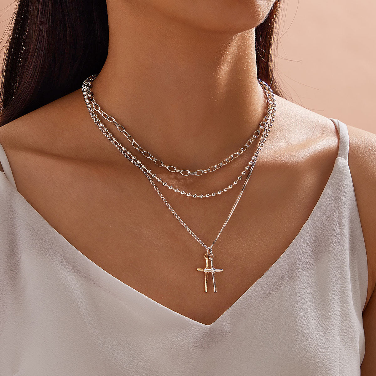 3pcs Punk Jewelry Silver Popcorn Chain Cross Charm Statement Necklace for Women-0