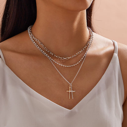 3pcs Punk Jewelry Silver Popcorn Chain Cross Charm Statement Necklace for Women-0