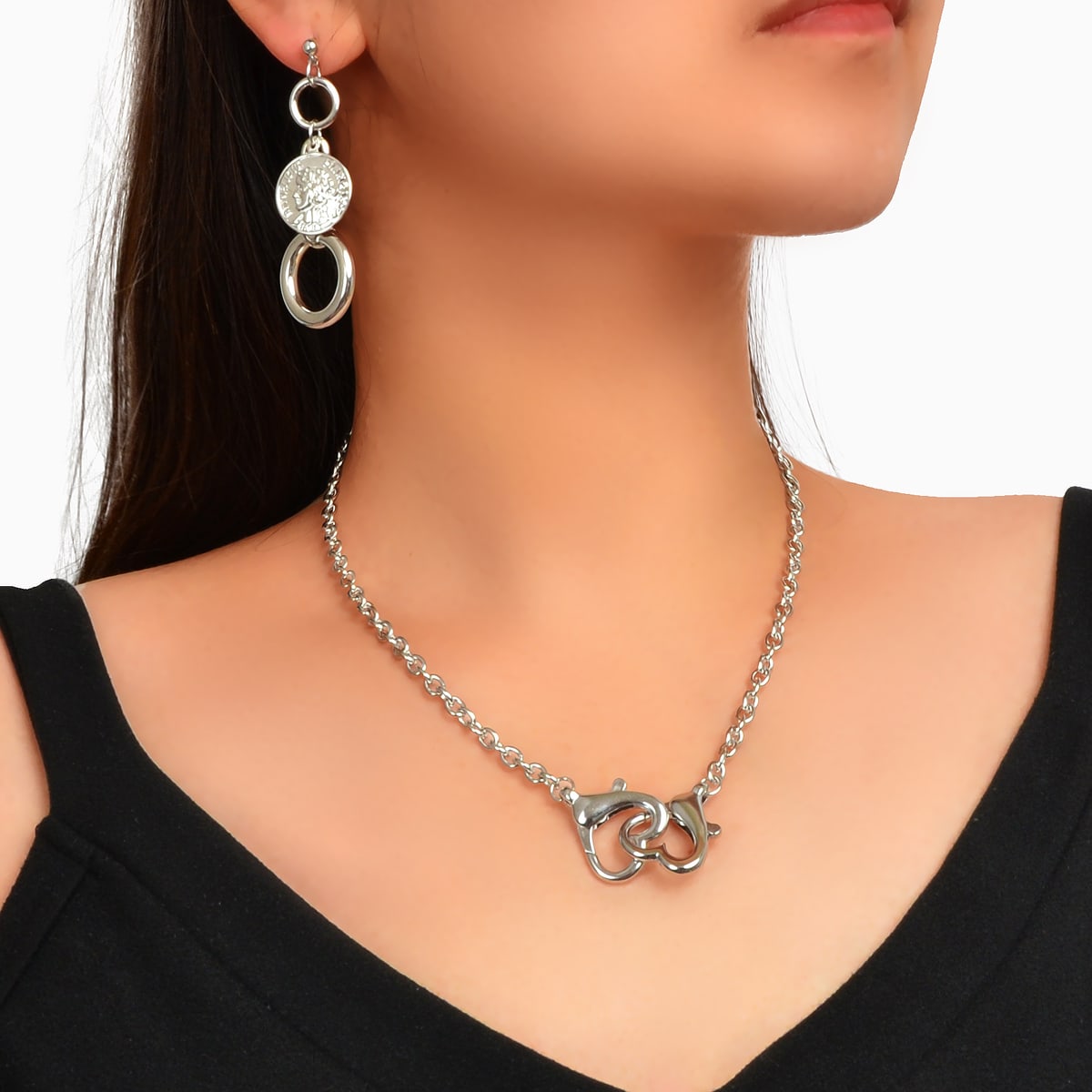 Silver Heart Pendant Necklace with Circle Pendant Earrings Elegant Jewellery Set-1