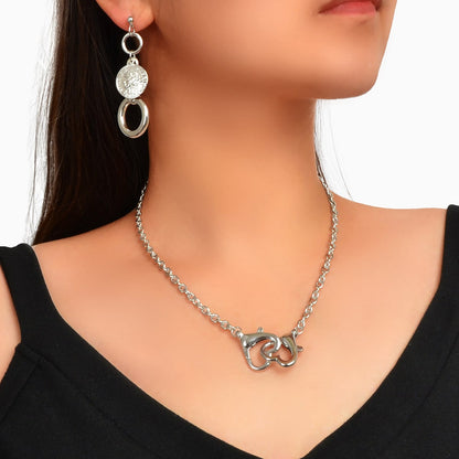 Silver Heart Pendant Necklace with Circle Pendant Earrings Elegant Jewellery Set-1