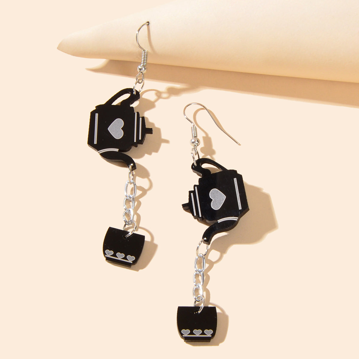 Heart Pattern Black Resin Teapot Cup Dangle Punk Hip Hop Earrings Teens Jewelry-0