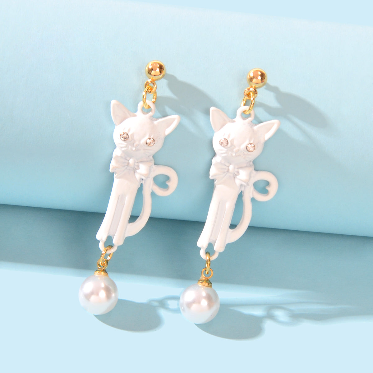 Funny Personality Creative Animal White Black Long Cat Dangling Element Earrings-3