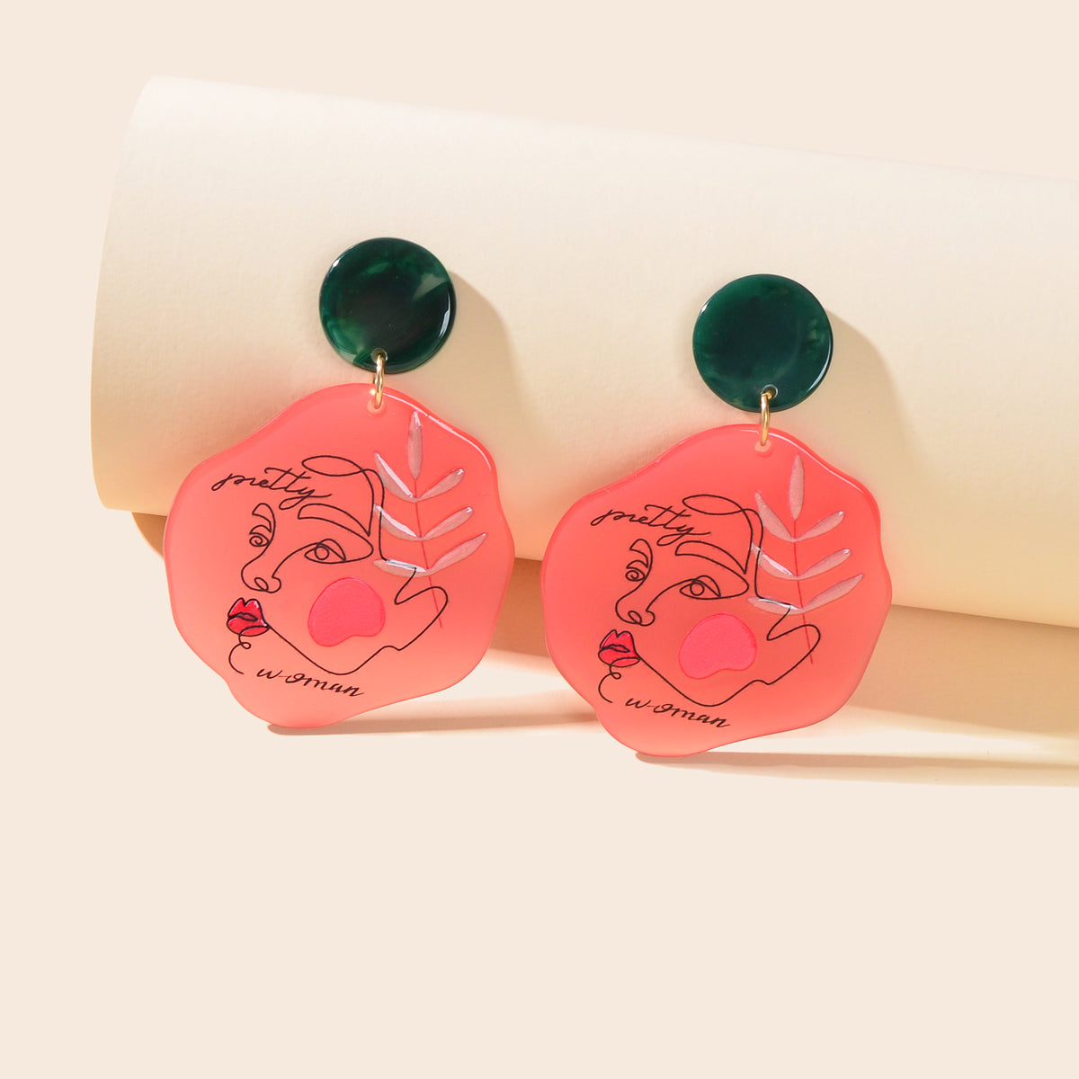 Statement Fun Acrylic Portrait Pattern Red Chunky Vintage Dangle Resin Earrings-0