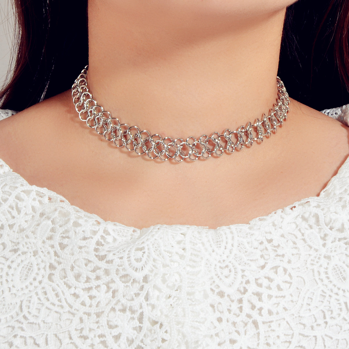 Punk Jewelry Silver Link Lock Chain Short Statement Necklace Choker Accessories-0