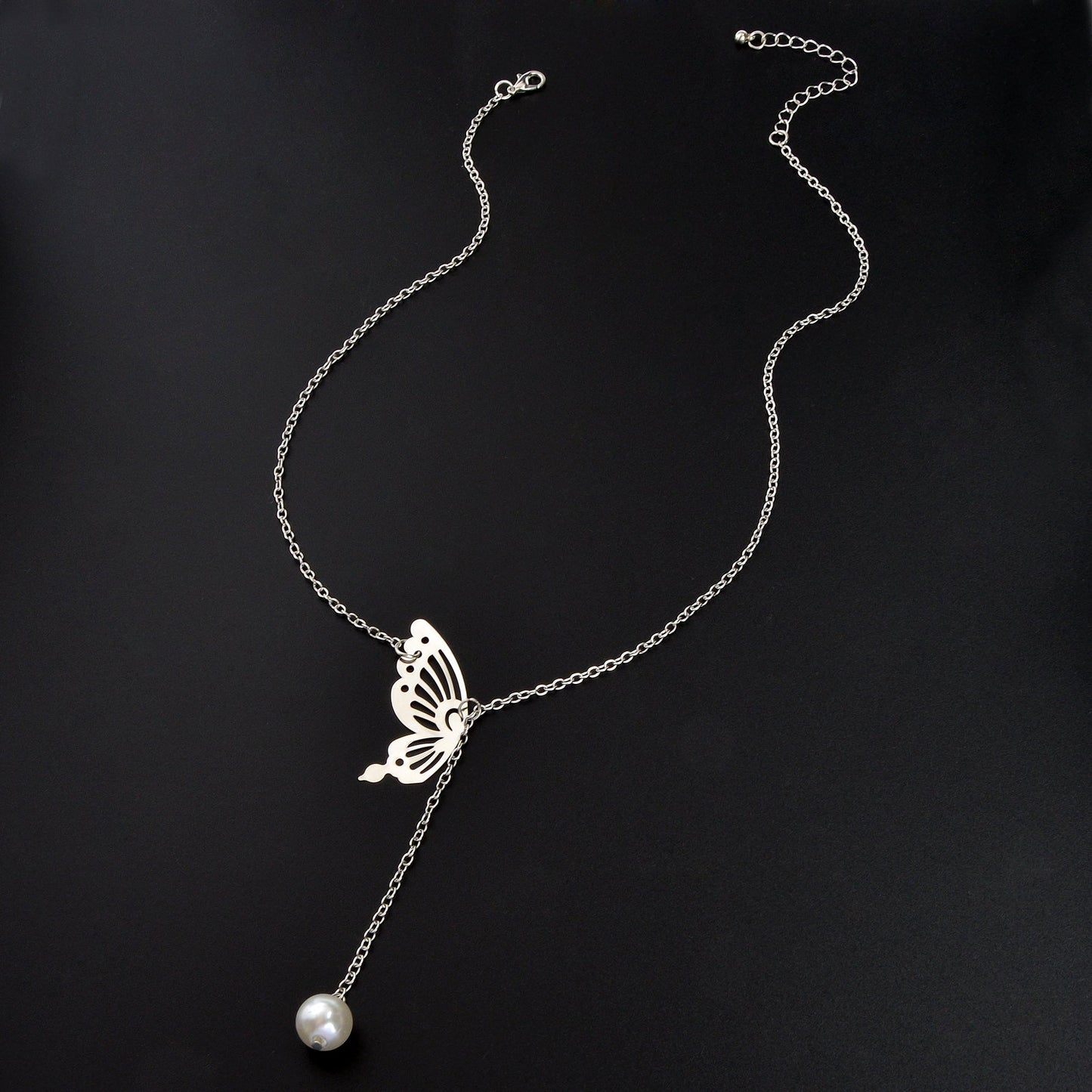 Y Style Silvery Chain Hollow Butterfly Imitation Pearl Pendant Necklace Graceful Daily Party Jewelry-3