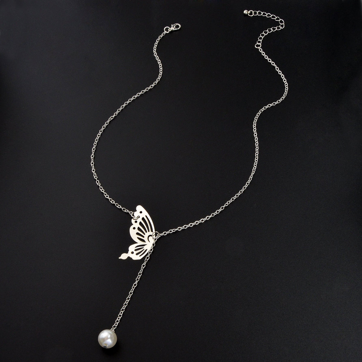 Y Style Silvery Chain Hollow Butterfly Imitation Pearl Pendant Necklace Graceful Daily Party Jewelry-3