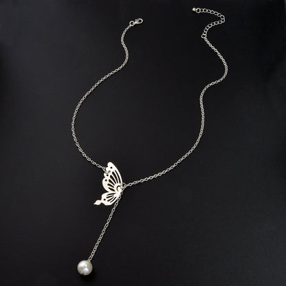 Y Style Silvery Chain Hollow Butterfly Imitation Pearl Pendant Necklace Graceful Daily Party Jewelry-3