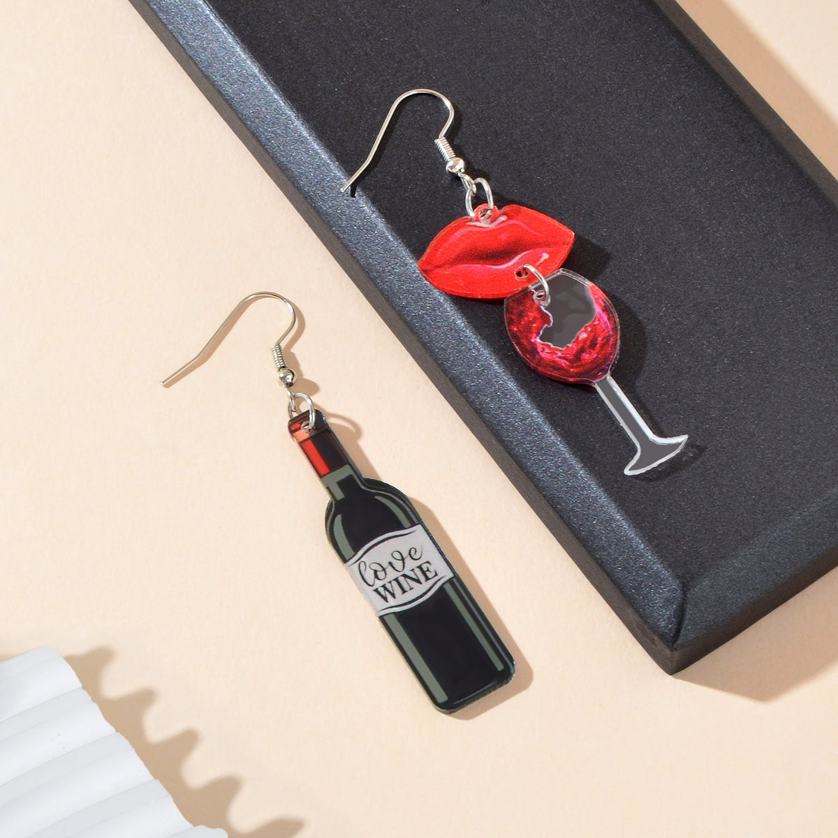 Funky Jewellery Acrylic Lips Wine Bottle and Glass Asymmetric Dangle Earrings-4
