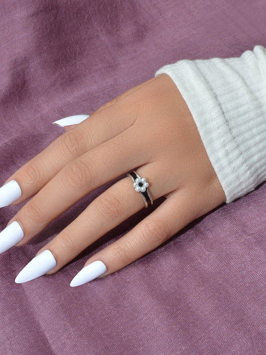 Retro Textured Jewellery Band Black Enamel Pearl Flower Open Cuff Finger Ring-0