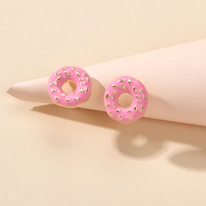 Lovely Pink Enamel Donuts Cute Stud Lightweight Earrings Dainty Women Girl Gift-0