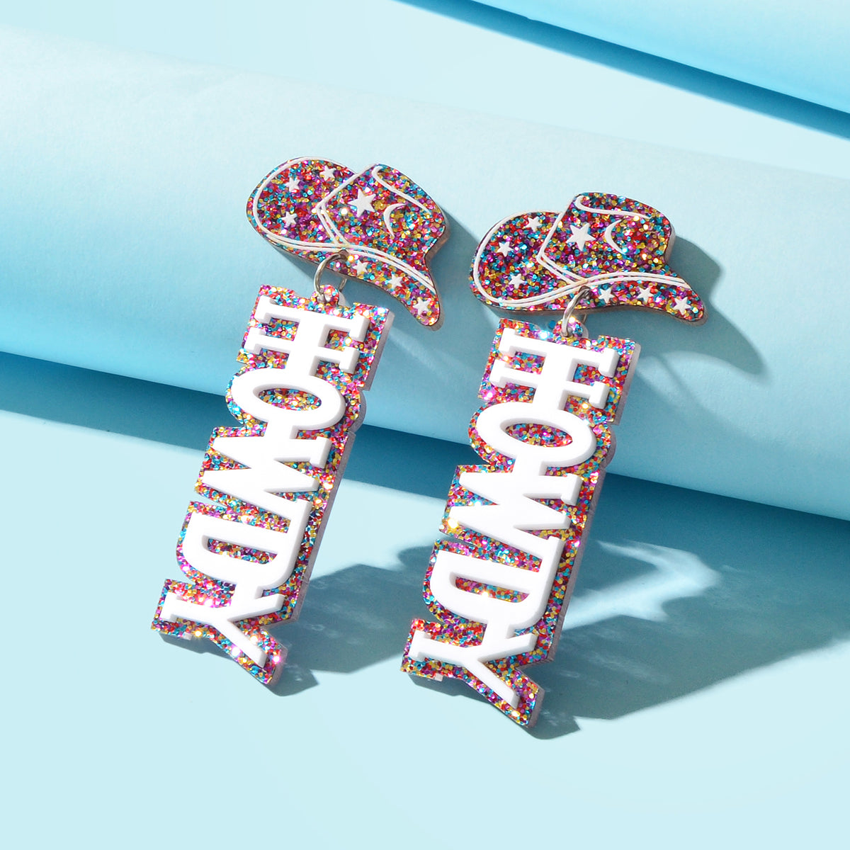 Designer Stylish Colorful Sequin Cowboy Hat Howdy Letter Acrylic Dangle Earrings-0