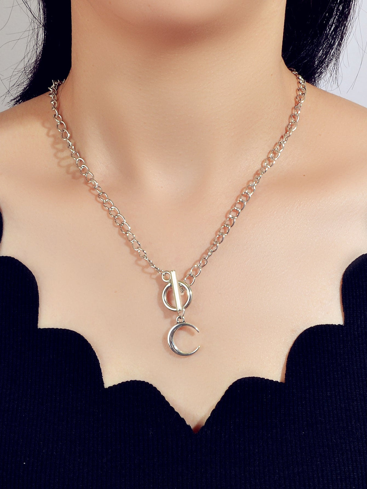 Punk Silver Chain Circle Bar Moon Pendant Necklace Party Decoration for Women-0
