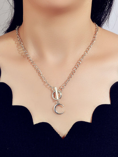 Punk Silver Chain Circle Bar Moon Pendant Necklace Party Decoration for Women-0