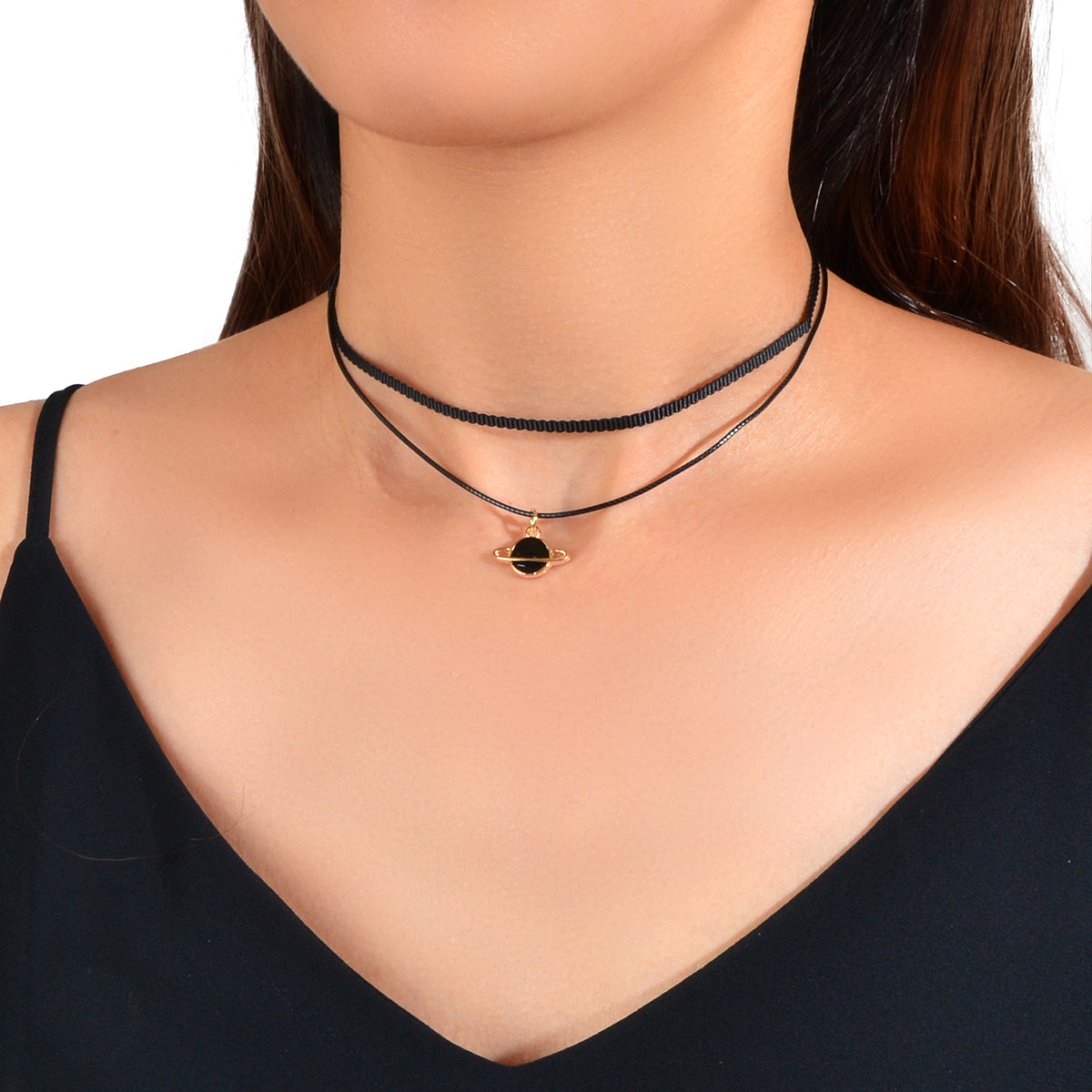 90s Gothic Planet Charm Black Rope Layered Necklace Tattoo Choker Grunge Collar-0