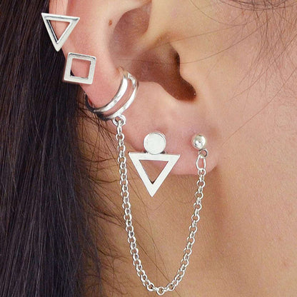 4pcs Cartilage Jewelry Antique Silver Chain Triangle Stud Earrings Boho Ear Cuff-4