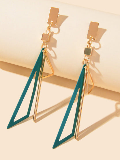 Gold Metal Geometric Triangle Dangle Stud Earring Women Textured Accessories-4