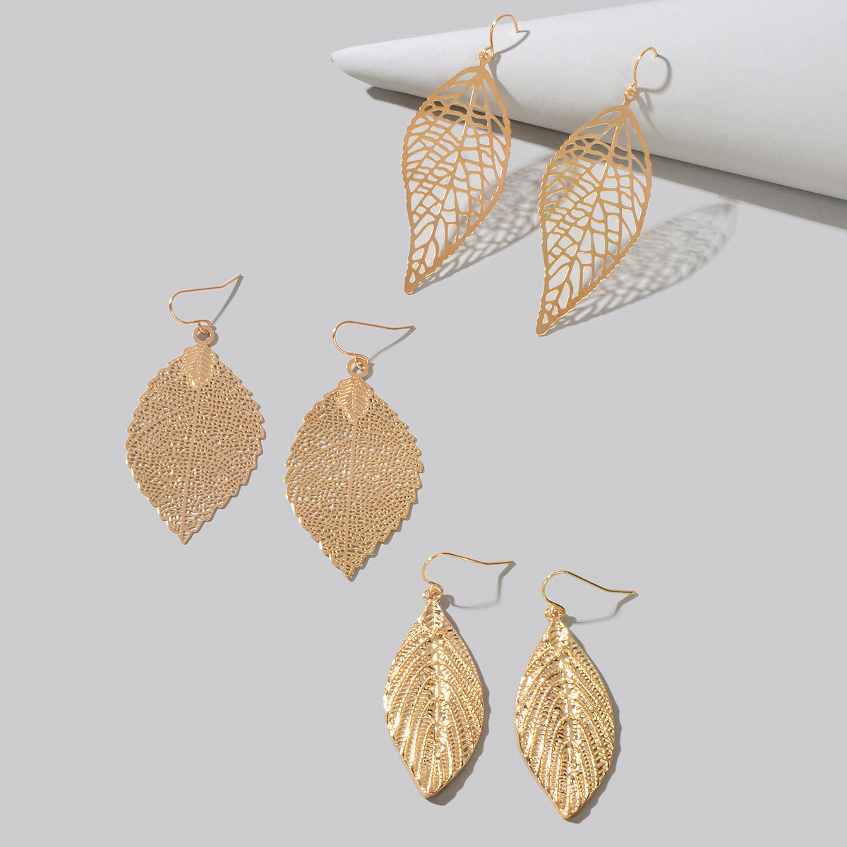 3 pairs AU Local Gold Silver Rosegold Hollow Mesh Leaf Dangle Drop Earrings set-5