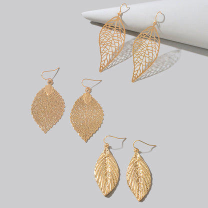3 pairs AU Local Gold Silver Rosegold Hollow Mesh Leaf Dangle Drop Earrings set-5