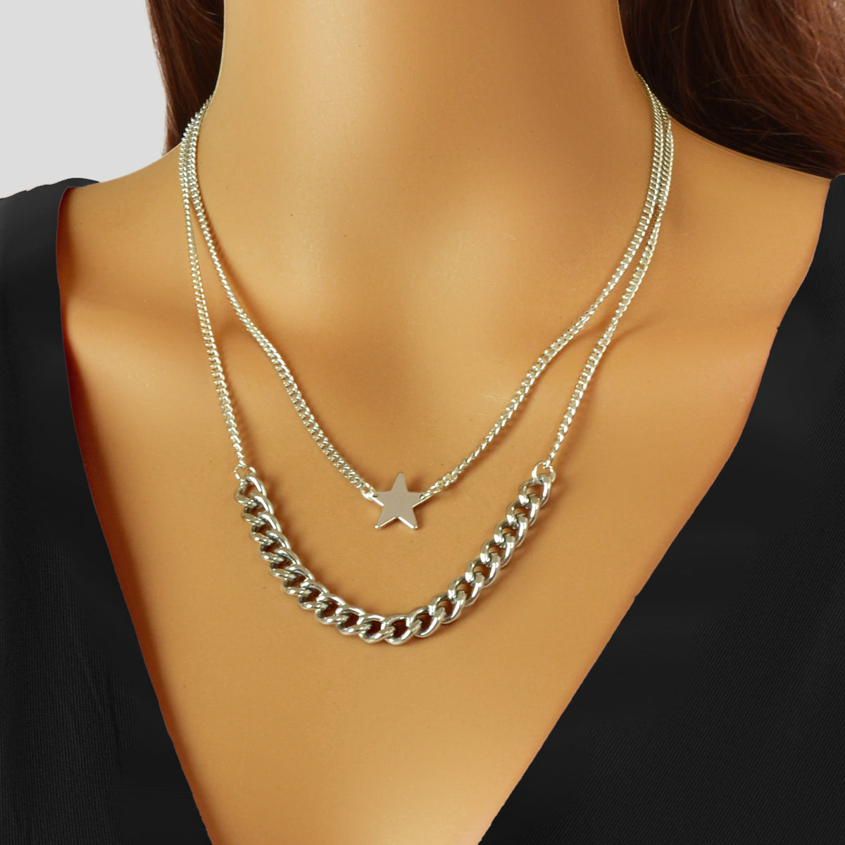 Punk Rock Double layer Silver Chain Star Charm Necklace Women Party Jewellery-0