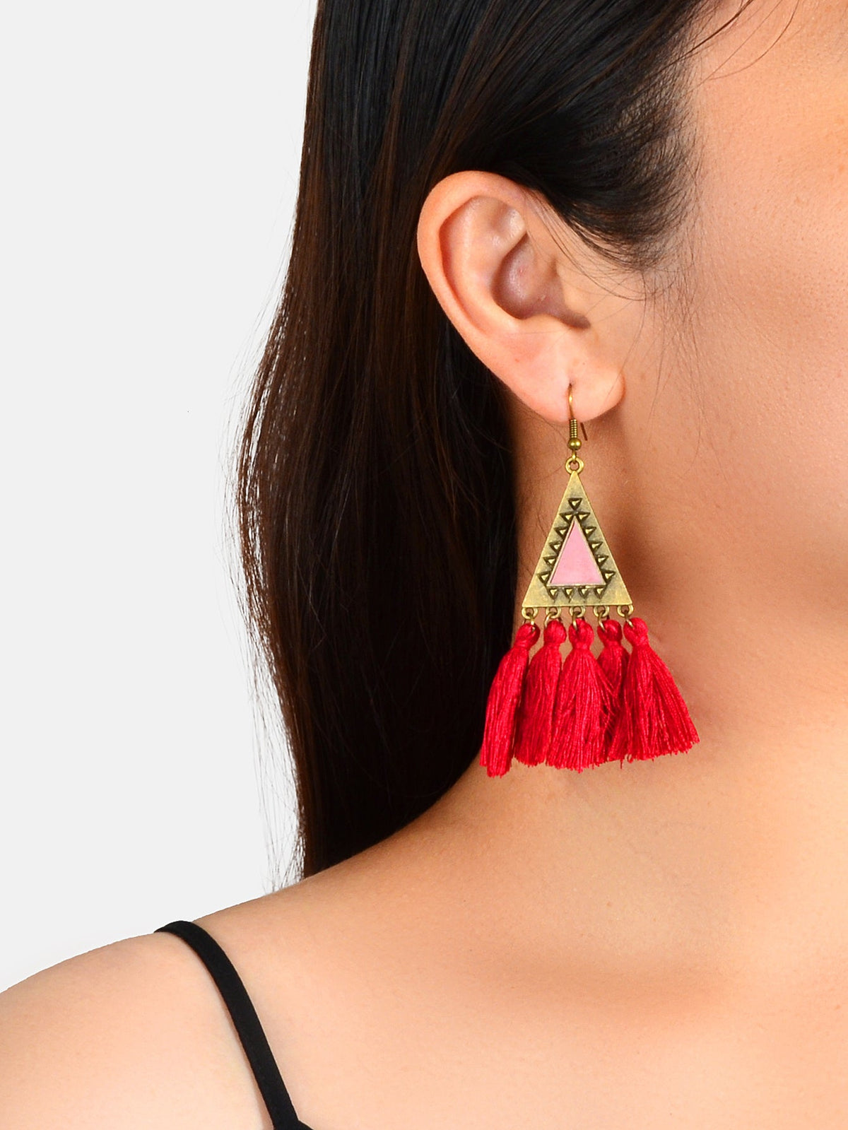 American Jewellery Ethnic Antique Gold Triangle Winered Tassel Bohemian Earrings-0