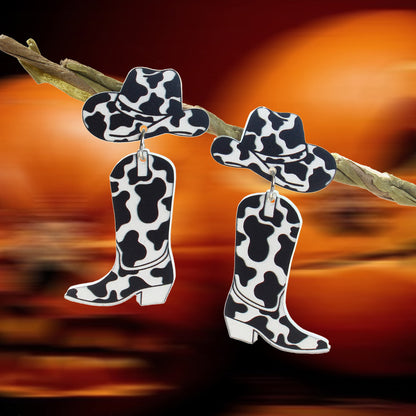 Retro Design Style Cowboy Boots Hats Acrylic Black White Pattern Dangle Earrings-0