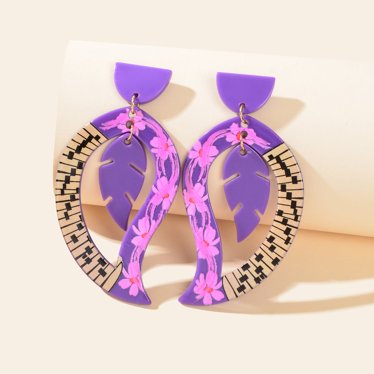 Purple Acrylic Feather Shape Earrings Statement Jewelry Party Costume Accessory-0