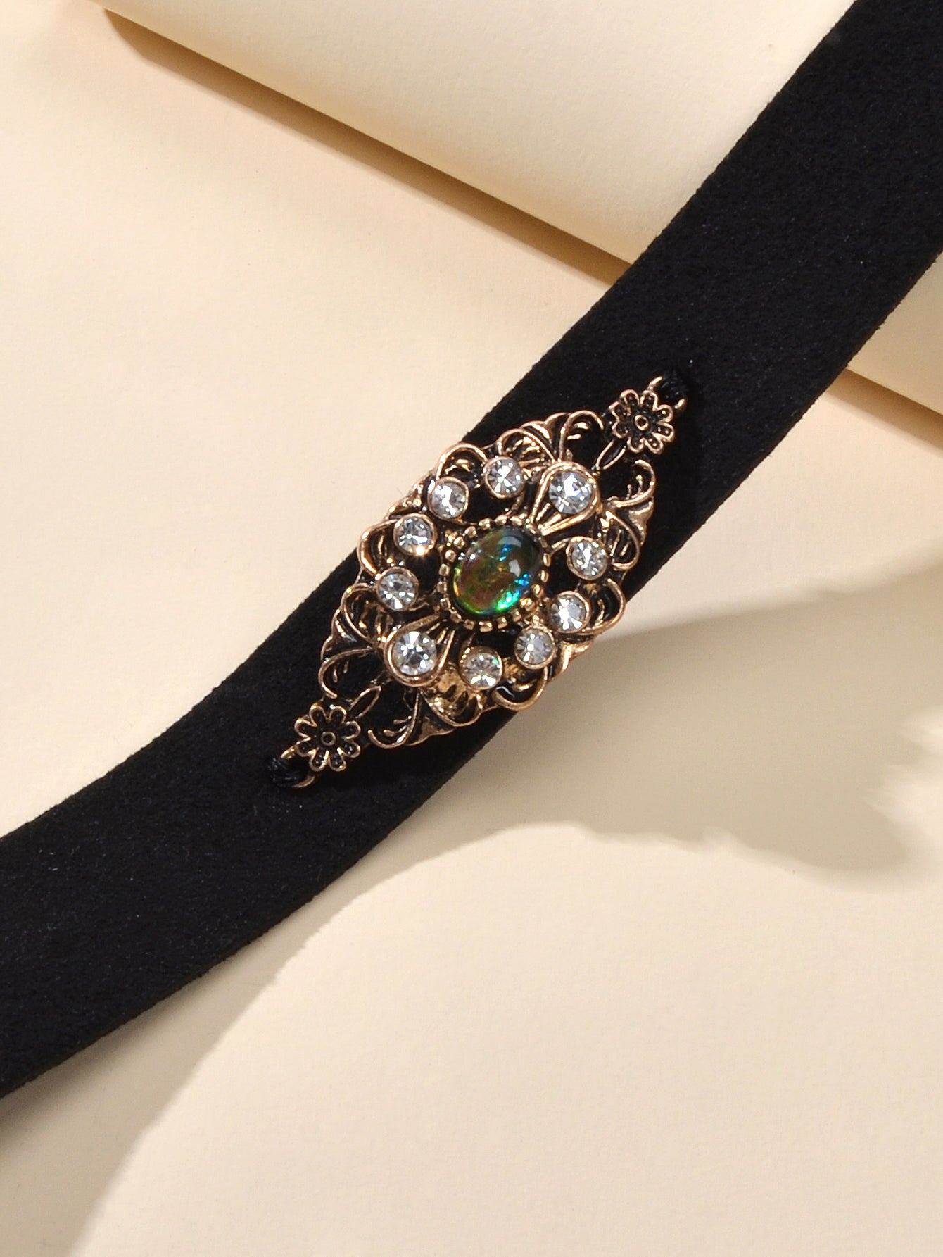 90s Retro Antique Gold Flower Black Velvet Tattoos Choker Necklace Gothic Collar-4