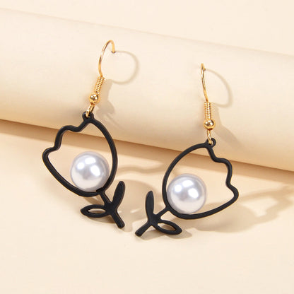 Retro Accessories Pearl Black Flower Dangle Earrings Nice Ladies Teens Jewellery-0