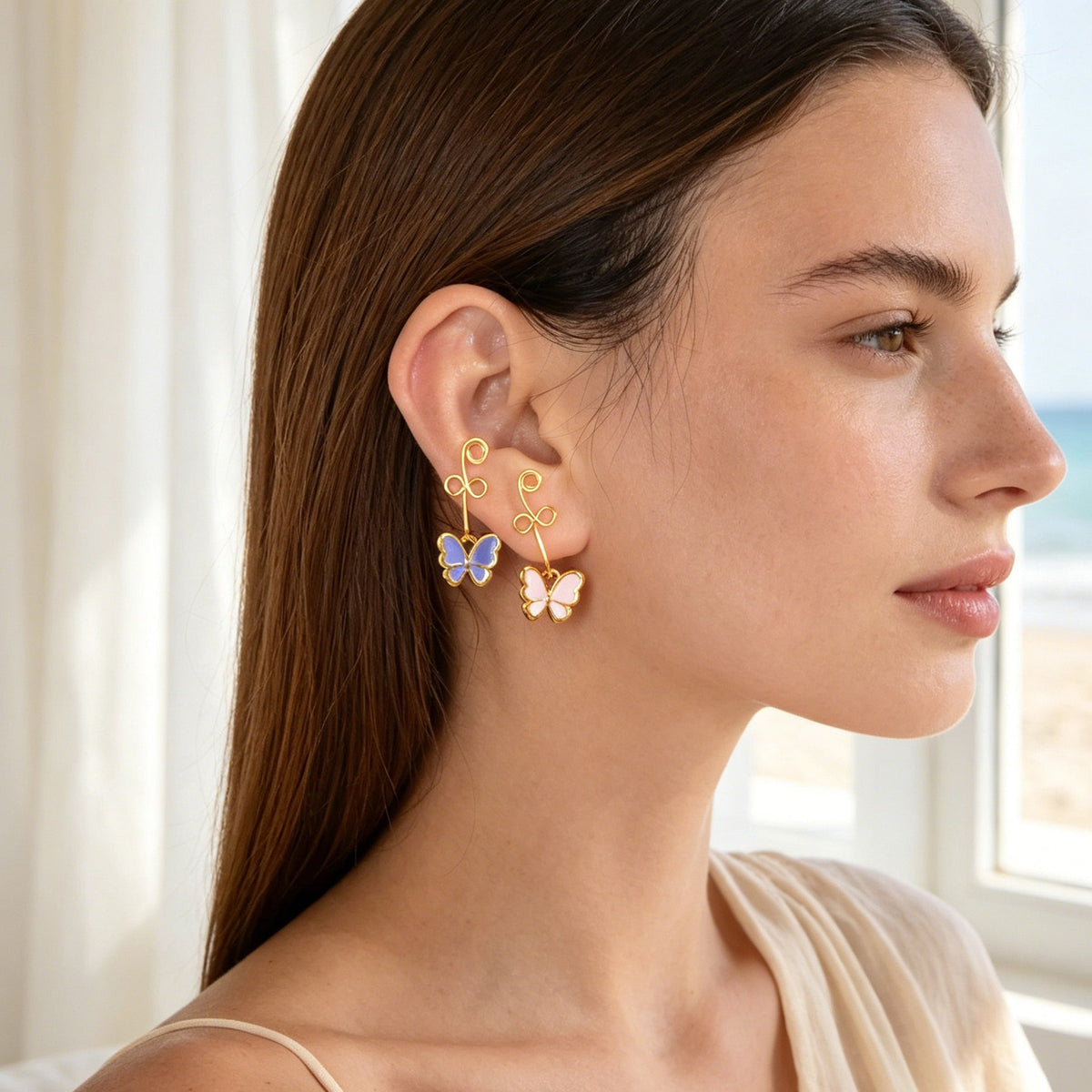 2pcs Colorful Enamel Butterfly Dangle Ear Cuffs Gold Non-Pierced Earrings Gift-0