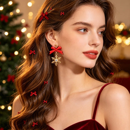 Christmas Sweet Red Bow Gold Snowflake Dangle Earring Xmas Holiday Party Jewelry-1