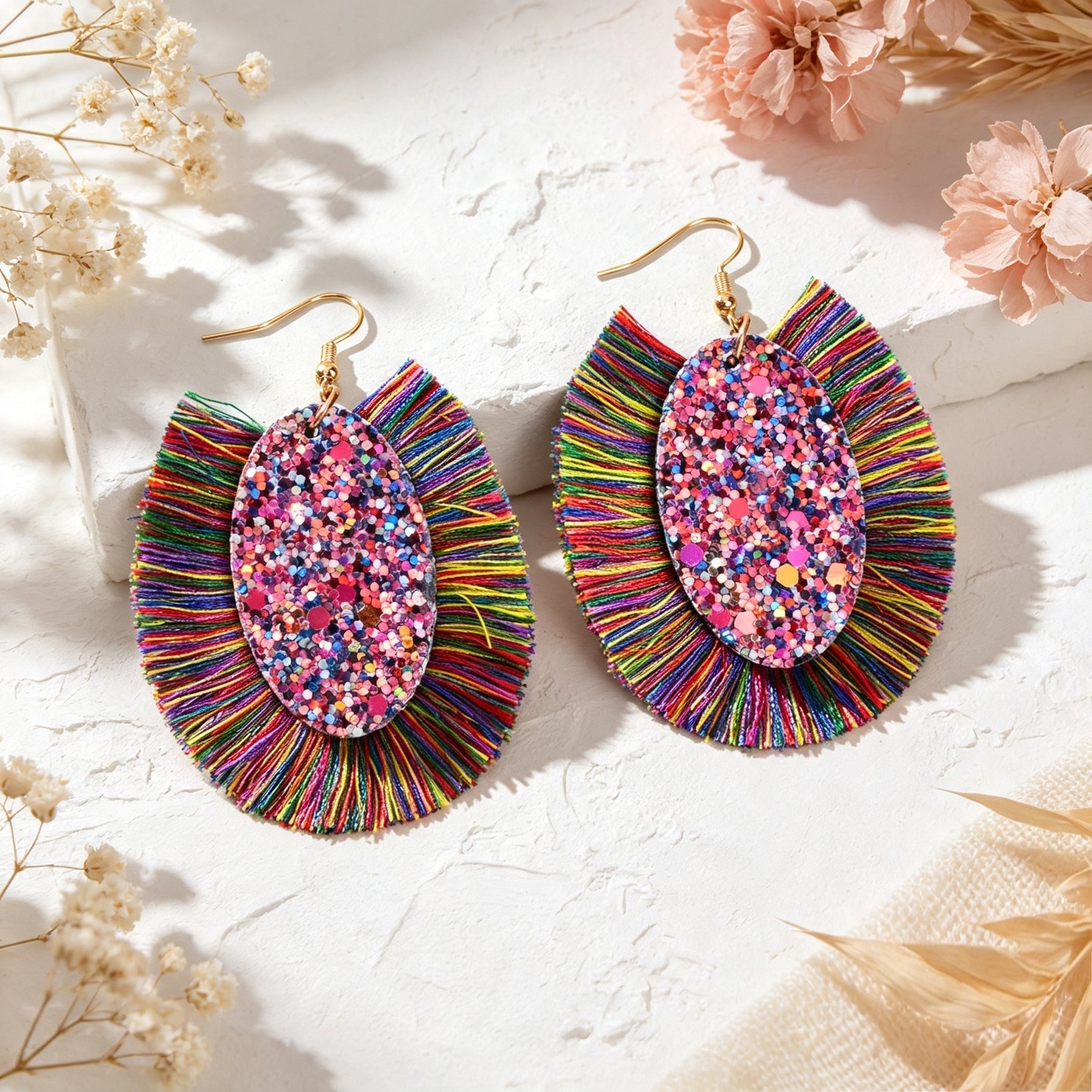Boho Colorful Tassel Sequin Oval Dangle Earrings Chunky Summer Beach Vacation Statement Jewelry-2