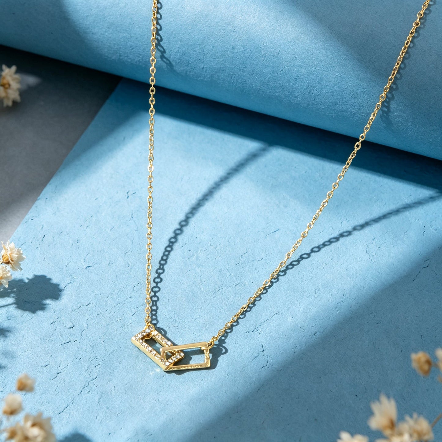 Gold Geometric Crystal Inlaid Square Link Pendant Necklace Minimalist Jewellery-1