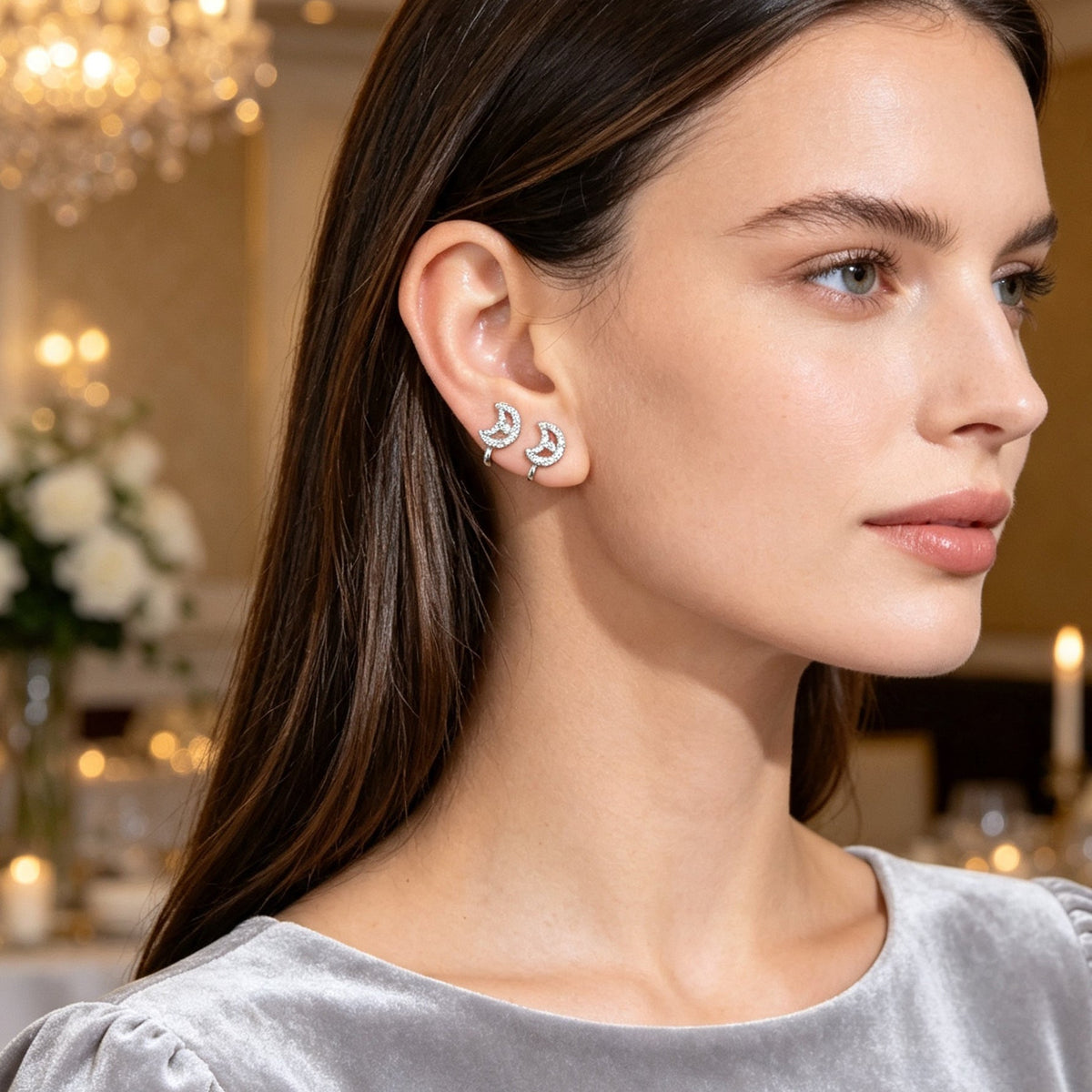 2pcs Silver Rhinestone Crescent Moon No Piercing Ear Cuffs Party Daily Jewellery-1