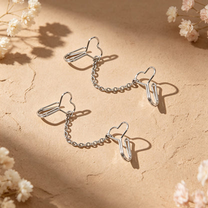 2pcs Heart Silver Chain Clip‑on Ear Cuffs No Piercing Fashion Vintage Earrings-2