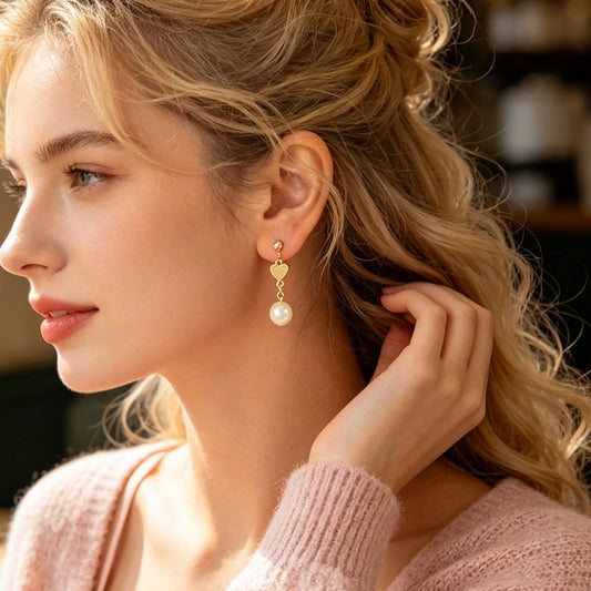 Lovely Gold Heart Pearl Chain Drop Dangle Earrings Daily Party Dating Jewellery-0