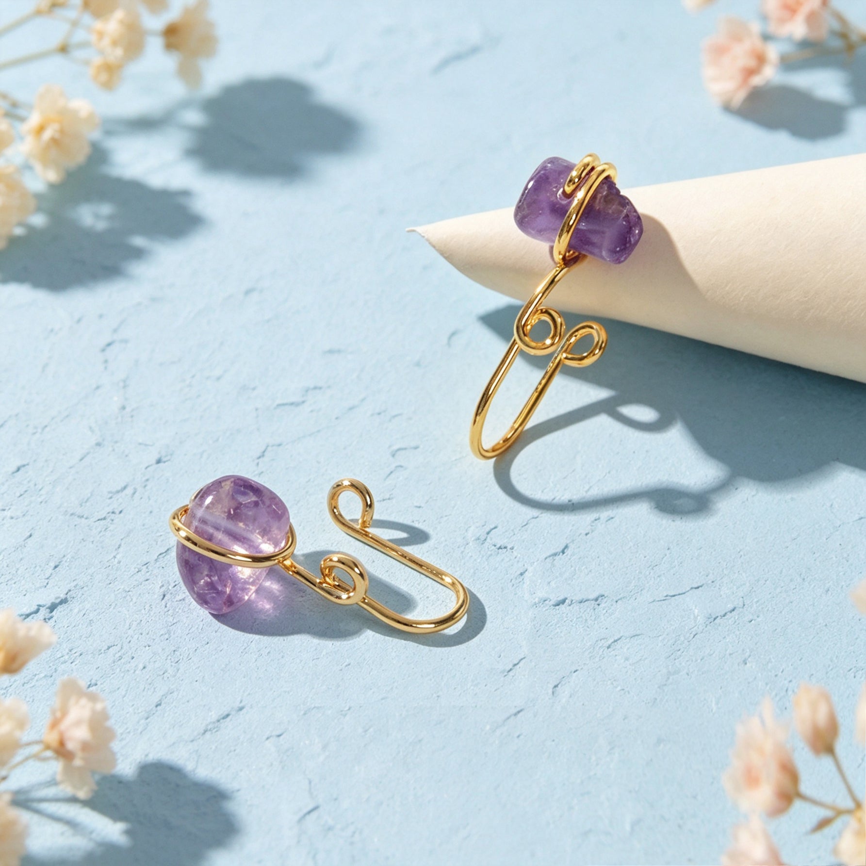 2pcs Gold Ear Cuffs No Piercing Imitate Amethyst Stone Earrings Fashion Jewelry-2