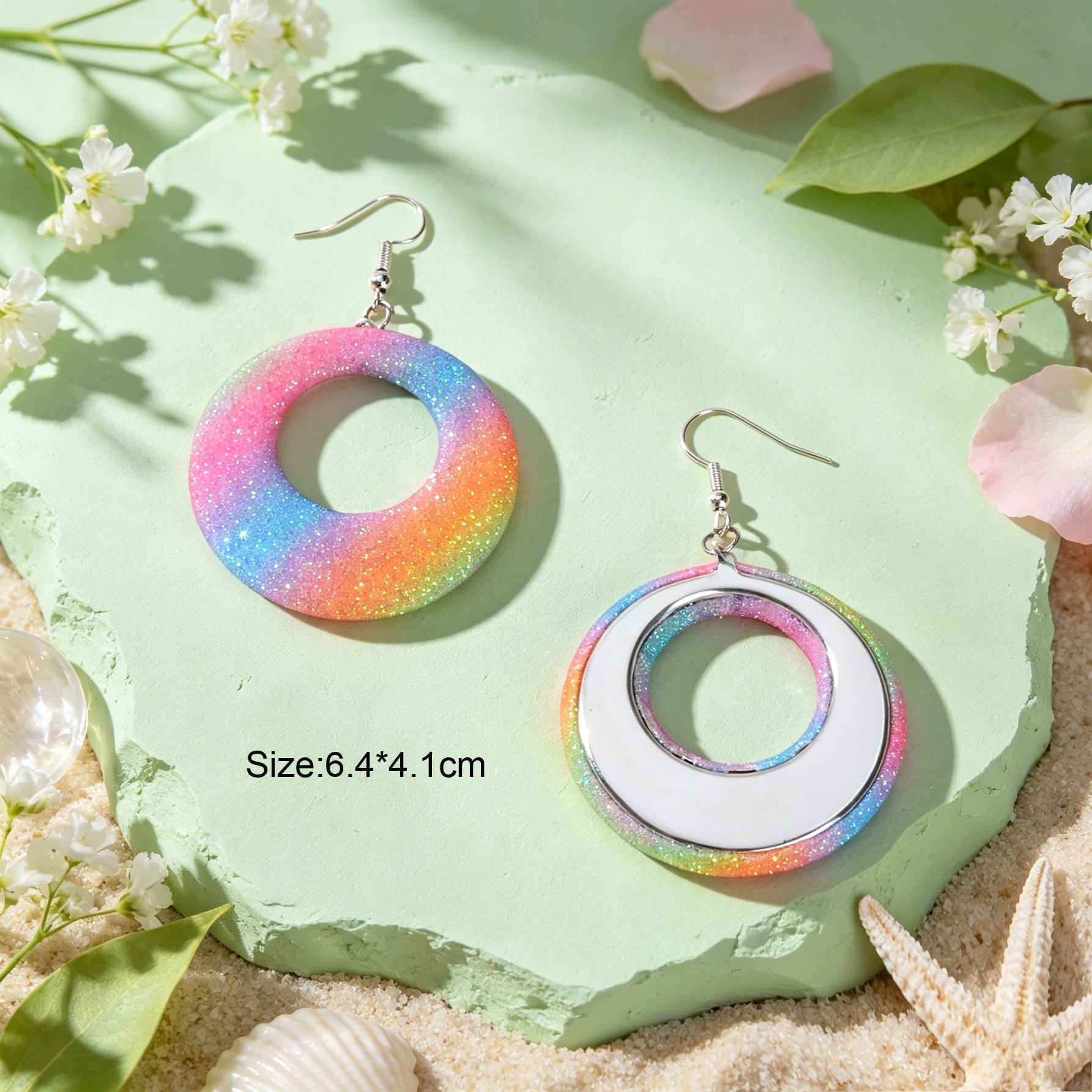 Rainbow Gradient Glitter Hollow Circle Geometric Dangle Earrings Y2K Summer Beach Vacation Party Jewelry-1
