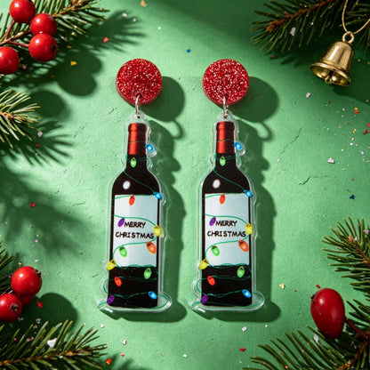 Novelty Christmas Red Disk Wine Bottle Dangle Earring Acrylic Xmas Party Jewelry-1