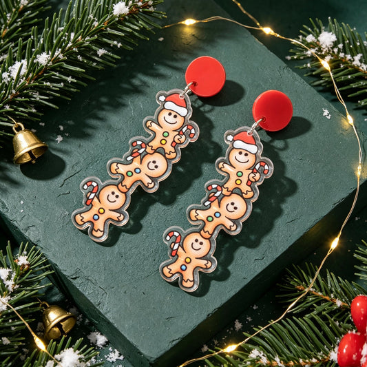 Festive Christmas Stacked Gingerbread Man Earrings Cute Holiday Party Accessory-1