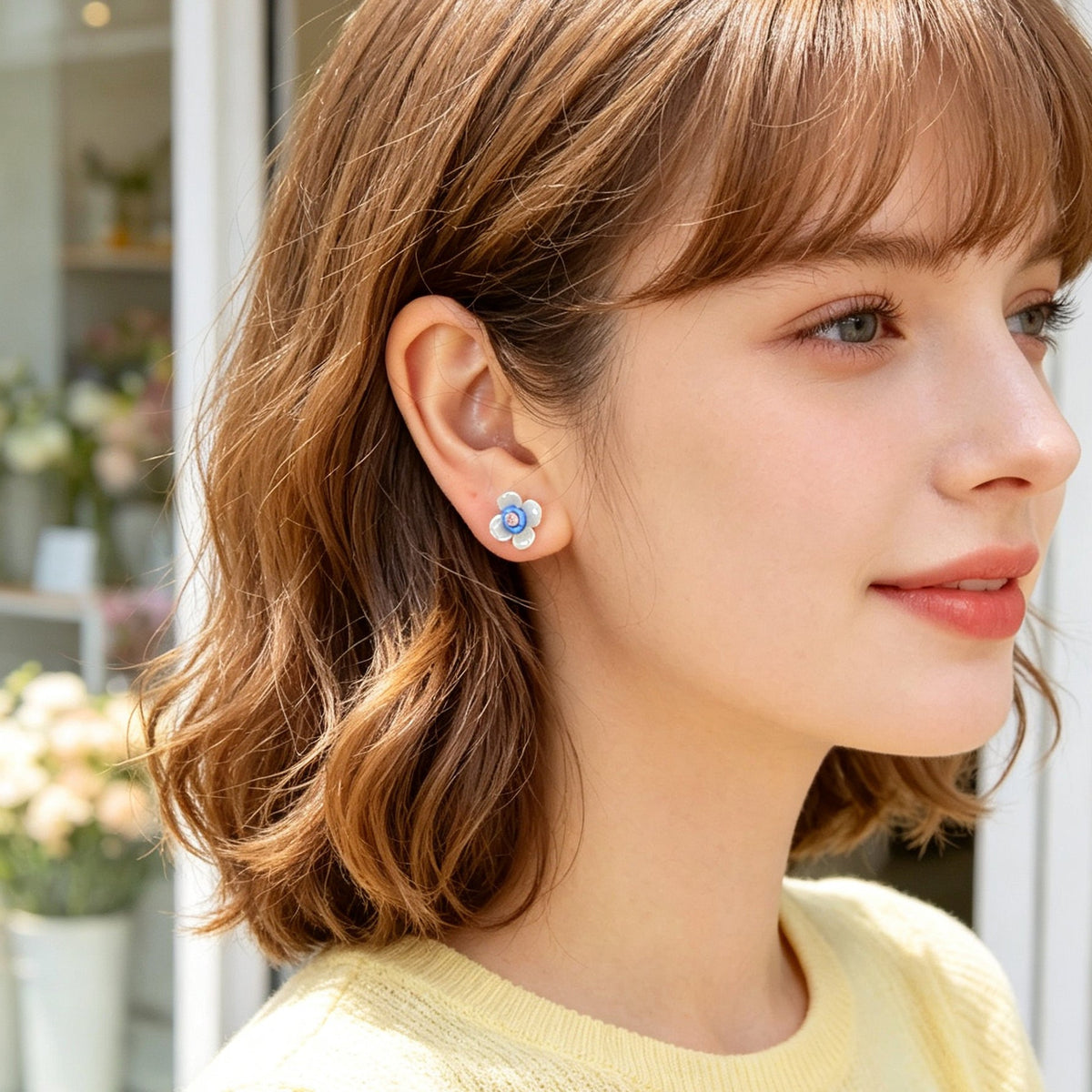 Cute Small Flower Stud Earrings White Blue Resin Petal Design Romantic Daily Dating Jewelry-1