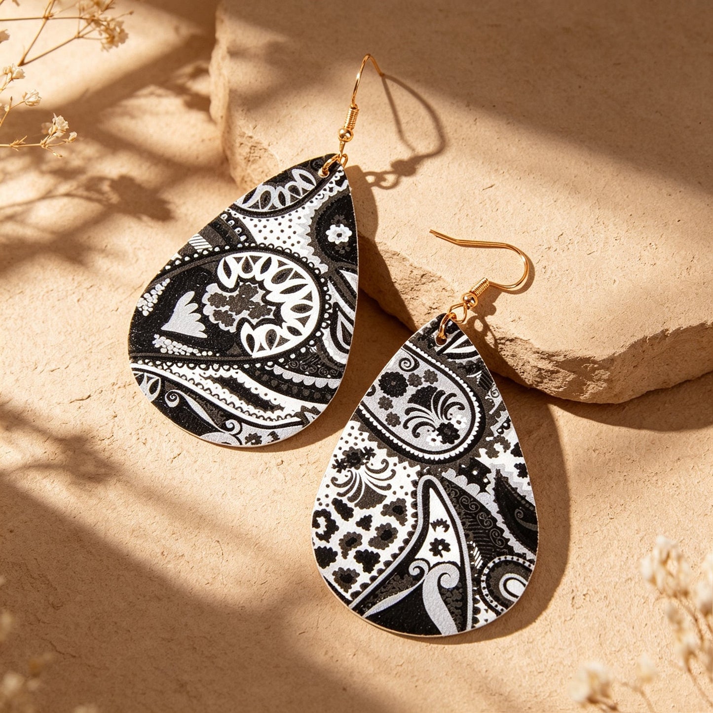 Boho Black White Paisley Pattern Water Drop PU Leather Dangle Earrings Beach Vacation Jewelry-1