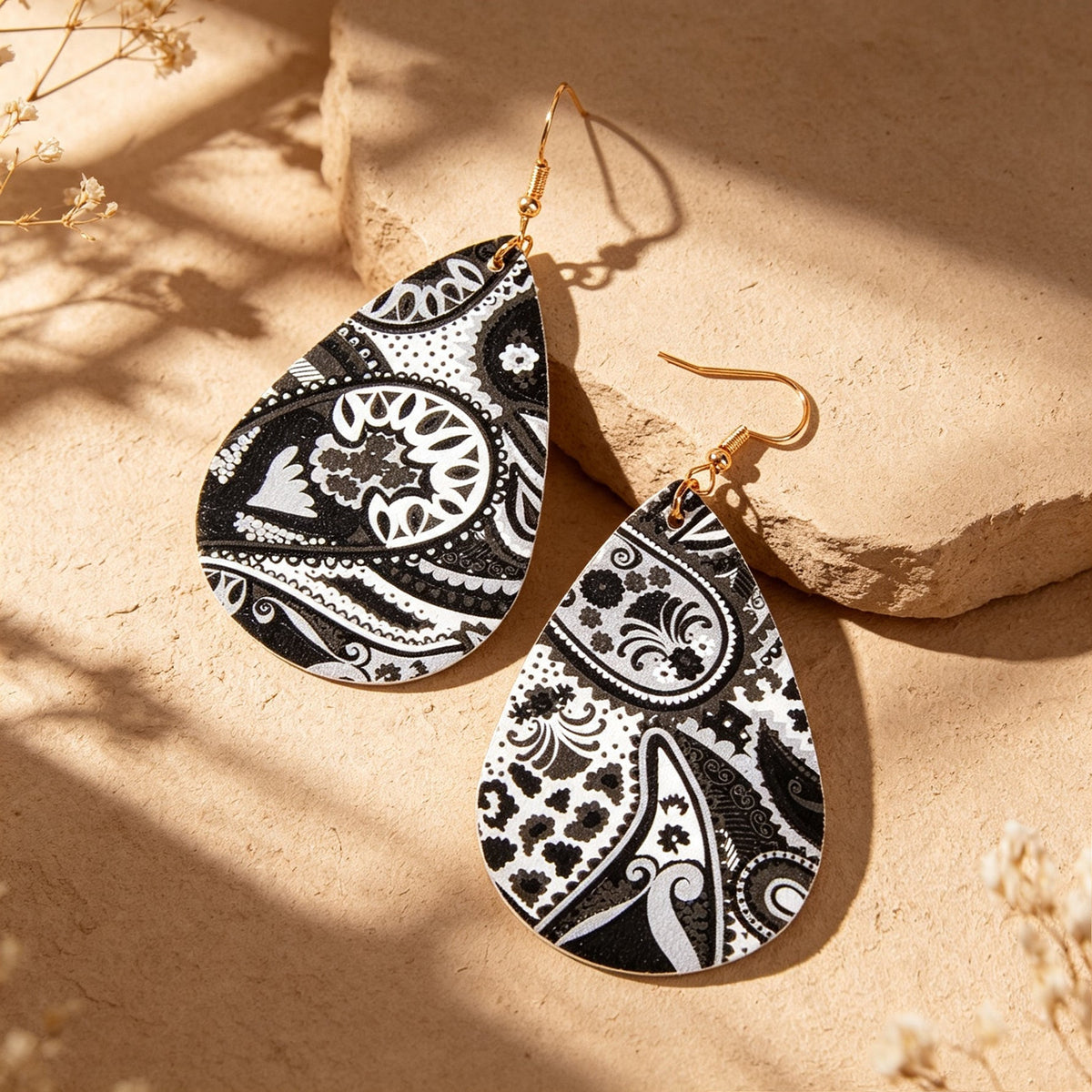 Boho Black White Paisley Pattern Water Drop PU Leather Dangle Earrings Beach Vacation Jewelry-1