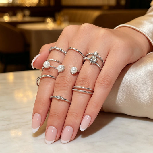8pcs Stackable Rings Set Elegant Silver Pearl Crystal Fashion Statement Jewelry-1