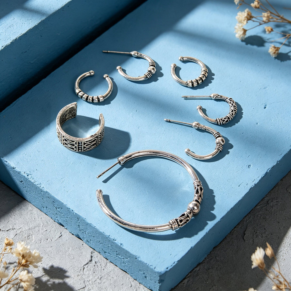 7pcs Vintage Punk Hoop Earrings Antique Silver Street style C‑Shaped Ear Cuff-2