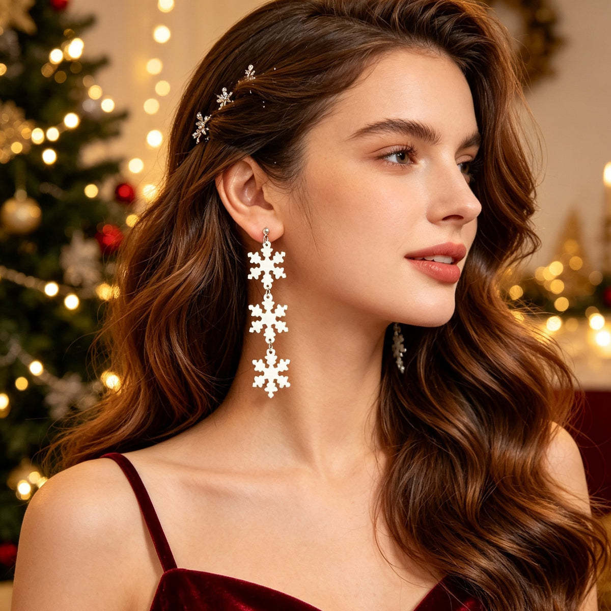 Romantic Silver Triple Snowflak Acrylic Dangle Earrings Lightweight Christmas Festival Jewelry-1