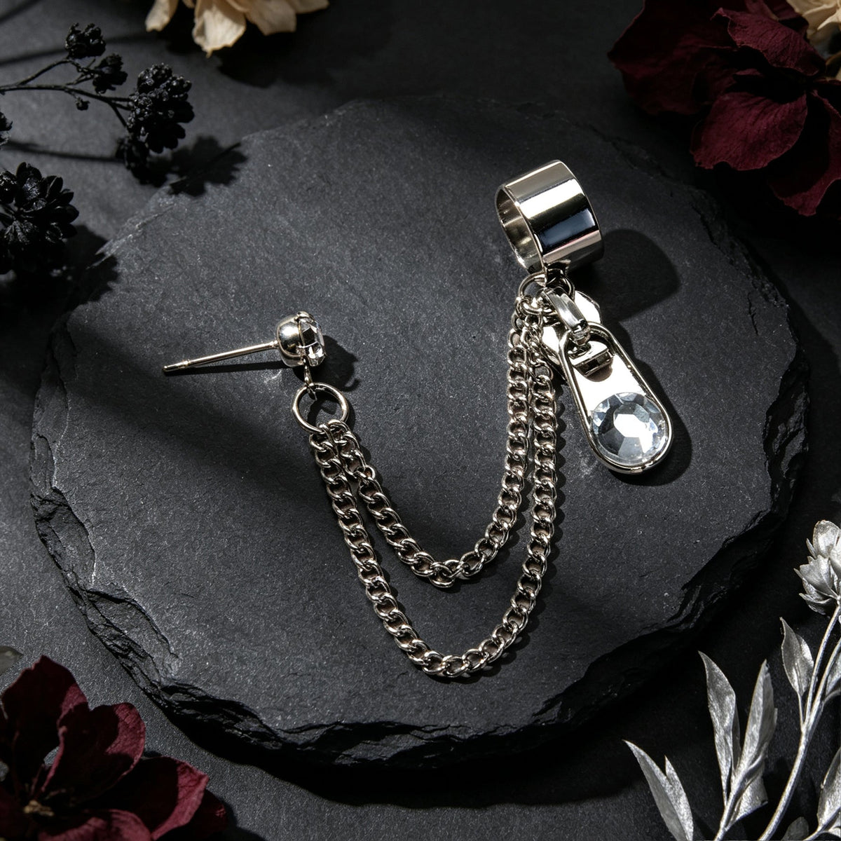 1 pc Y2K Silver Zipper Tassel Chain Ear Cuff Climber Earring Personality Daily Street Party Accessories-1