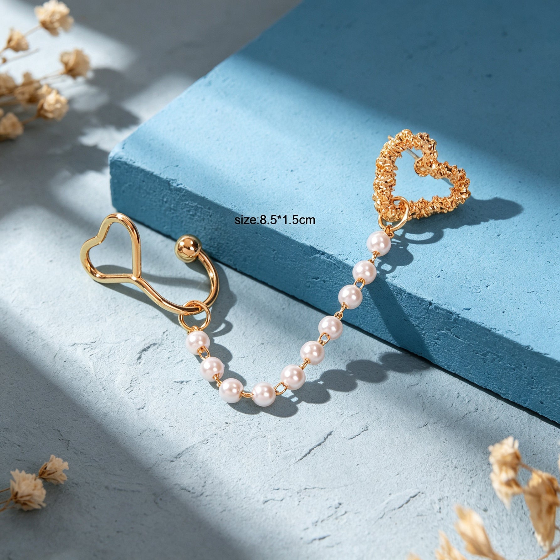 1 pc Gold Heart Imitation Pearl Chain Ear Cuff Climber Earring Romantic Dating Jewelry Festival Gift-1